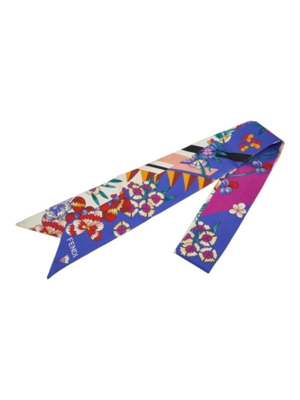 Fendi Scarf Twilly Flower Motif Blue Multicolor Silk